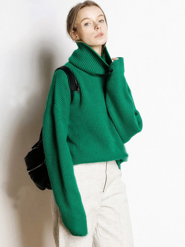 Green Oversize Turtleneck Knit Sweaters