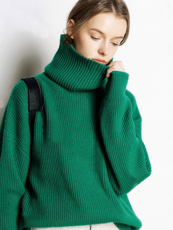 Green Oversize Turtleneck Knit Sweaters