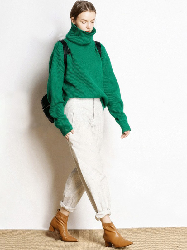 Green Oversize Turtleneck Knit Sweaters