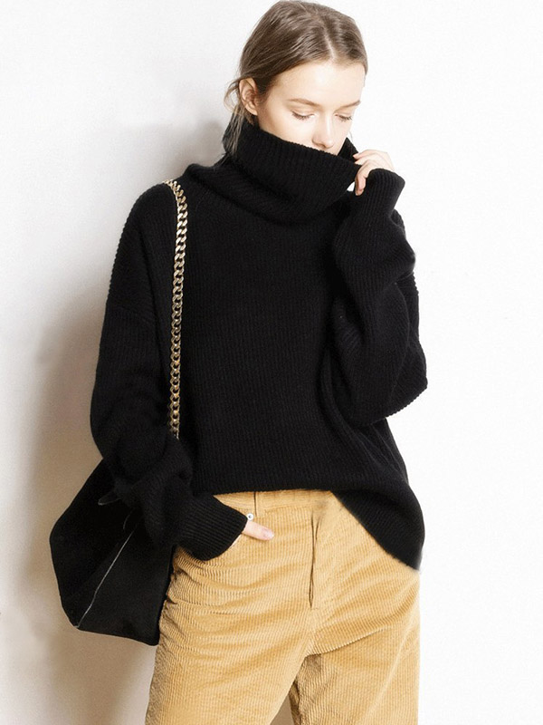 Black Oversize Turtleneck Knit Sweaters