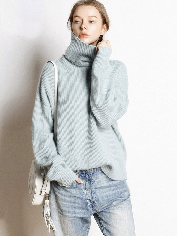 Blue Oversize Turtleneck Knit Sweaters