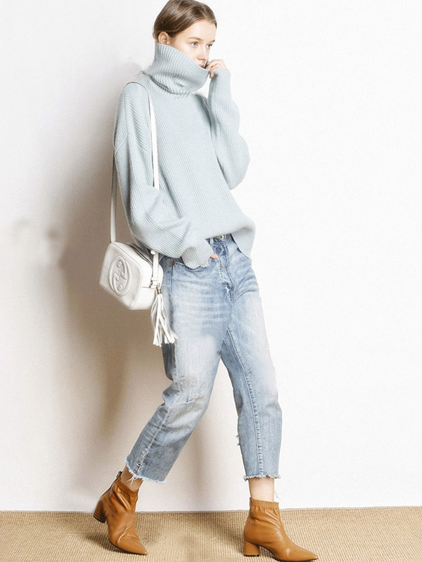 Blue Oversize Turtleneck Knit Sweaters