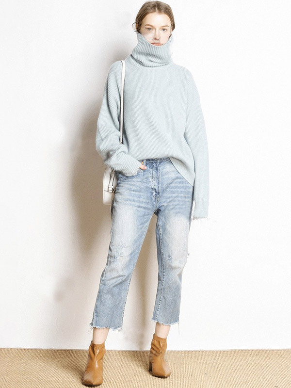 Blue Oversize Turtleneck Knit Sweaters