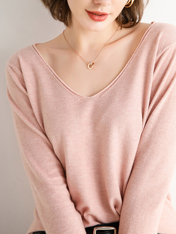 Pink V-neck Slim Knit Sweaters