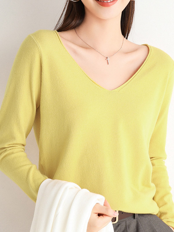 Green V-neck Slim Knit Sweaters