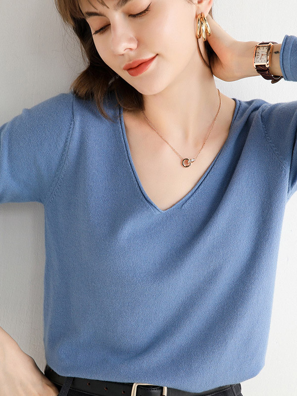 Blue V-neck Slim Knit Sweaters