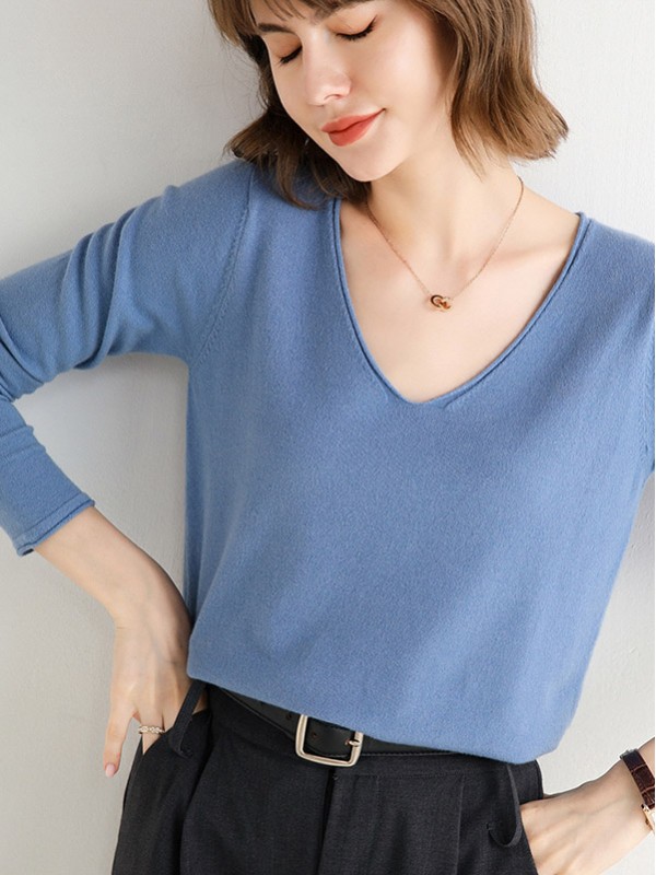 Blue V-neck Slim Knit Sweaters