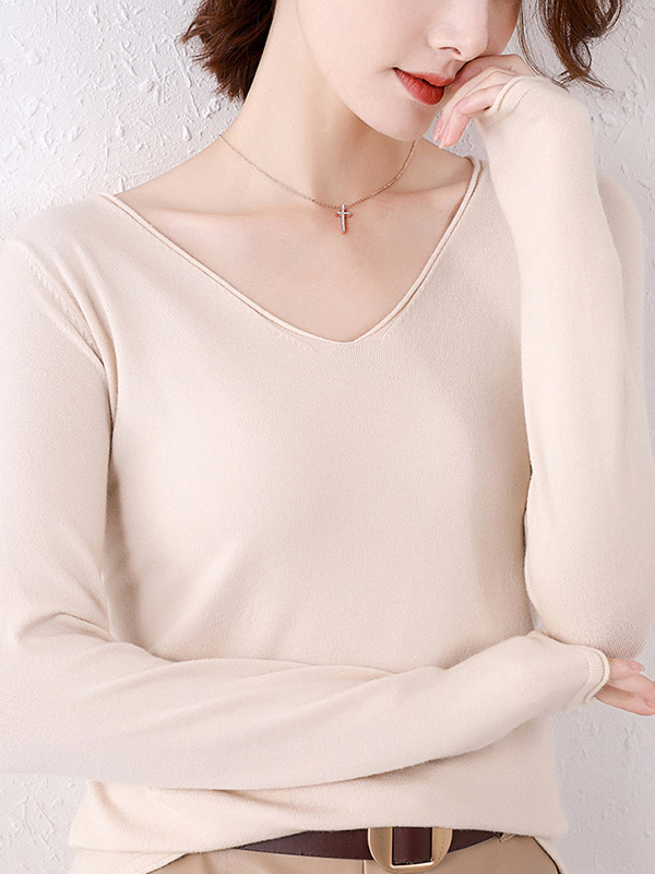 Apricot V-neck Slim Knit Sweaters