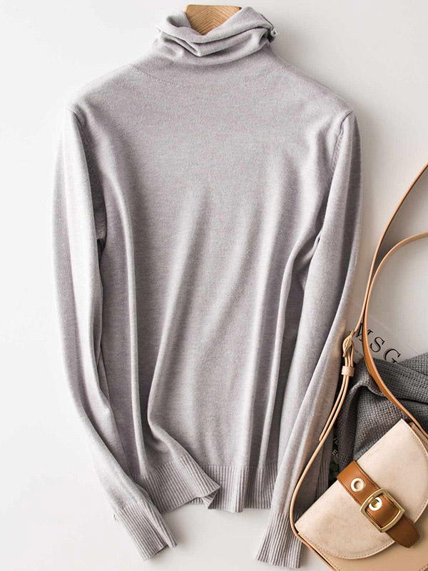 Grey Funnel Neck Solid Color Knitted Sweaters