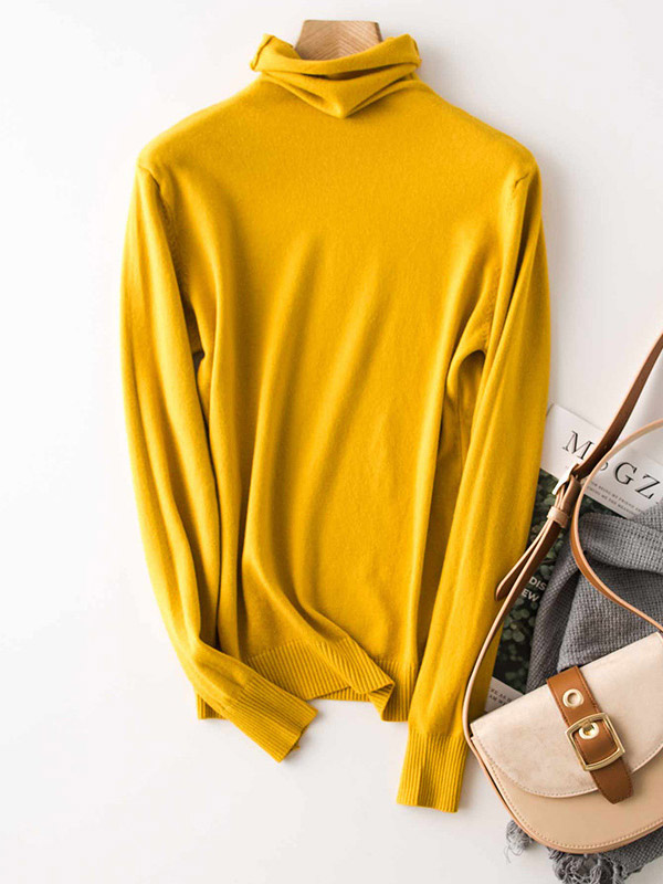 Yellow Funnel Neck Solid Color Knitted Sweaters