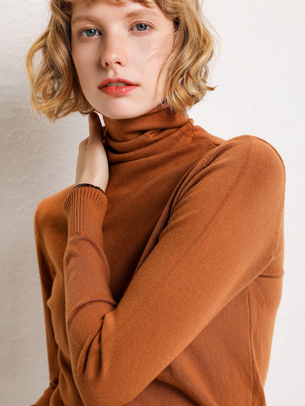 Brown Funnel Neck Solid Color Knitted Sweaters