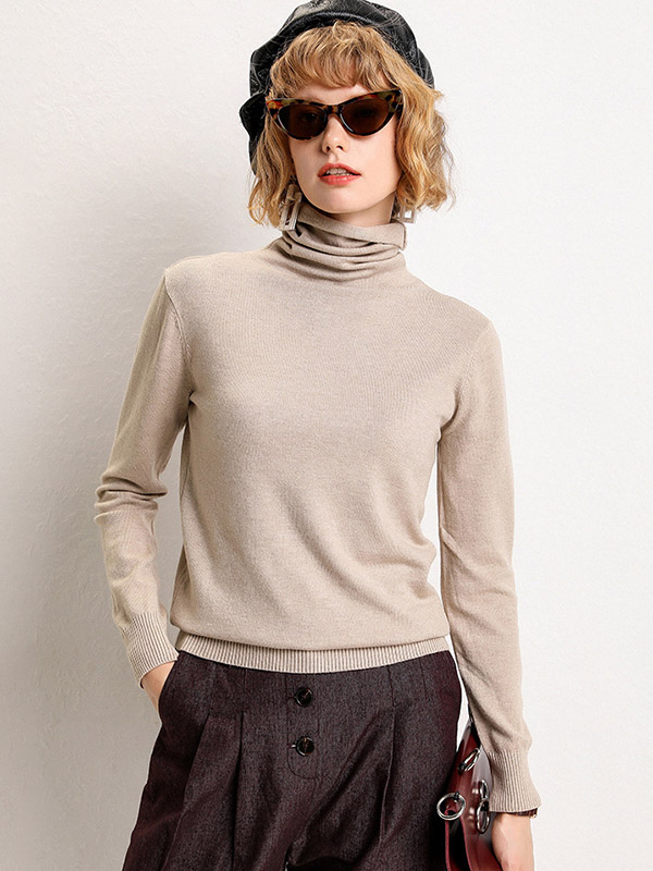 Camel Funnel Neck Solid Color Knitted Sweaters