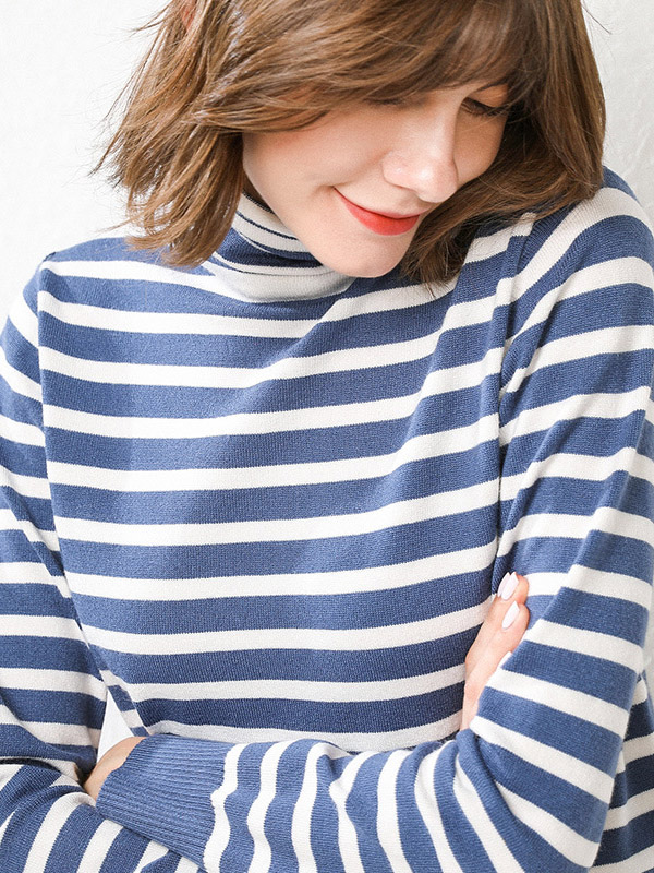 Blue Casual Knit Sweaters With Stripes