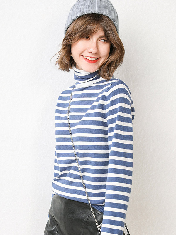 Blue Casual Knit Sweaters With Stripes