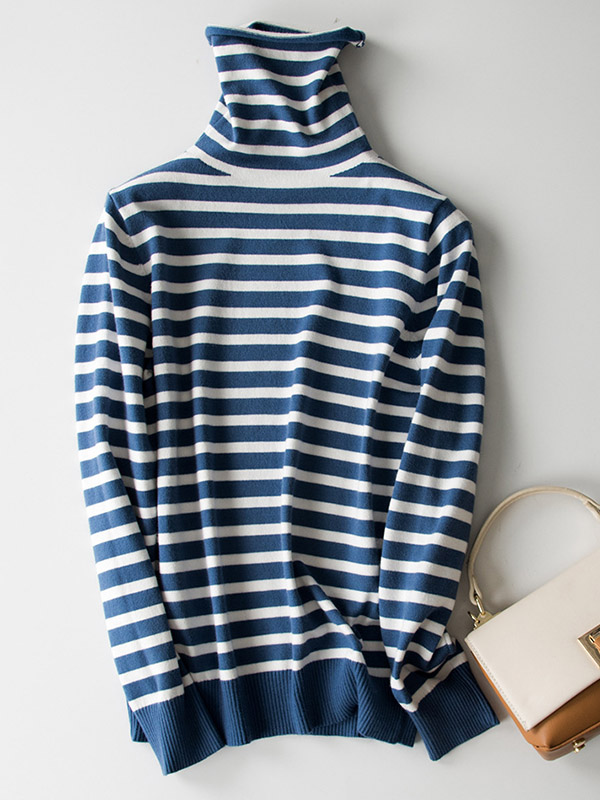 Blue Casual Knit Sweaters With Stripes