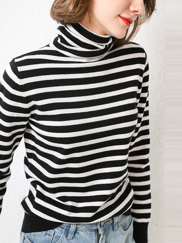 Black Casual Knit Sweaters With Stripes