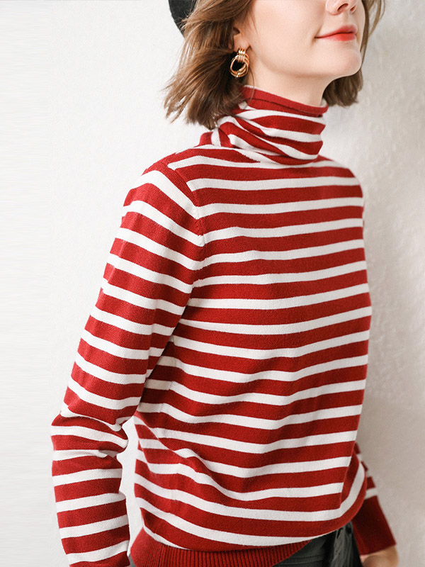 Red Casual Knit Sweaters With Stripes