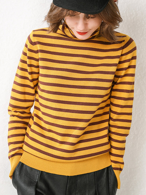 Yellow Casual Knit Sweaters With Stripes