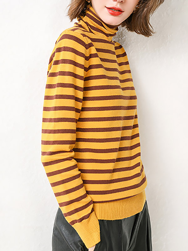 Yellow Casual Knit Sweaters With Stripes