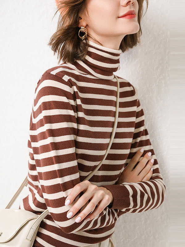 Brown Casual Knit Sweaters With Stripes