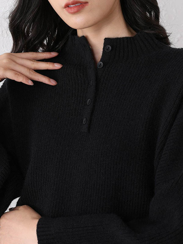 Black Stand Collar Knit Sweaters With Buttons