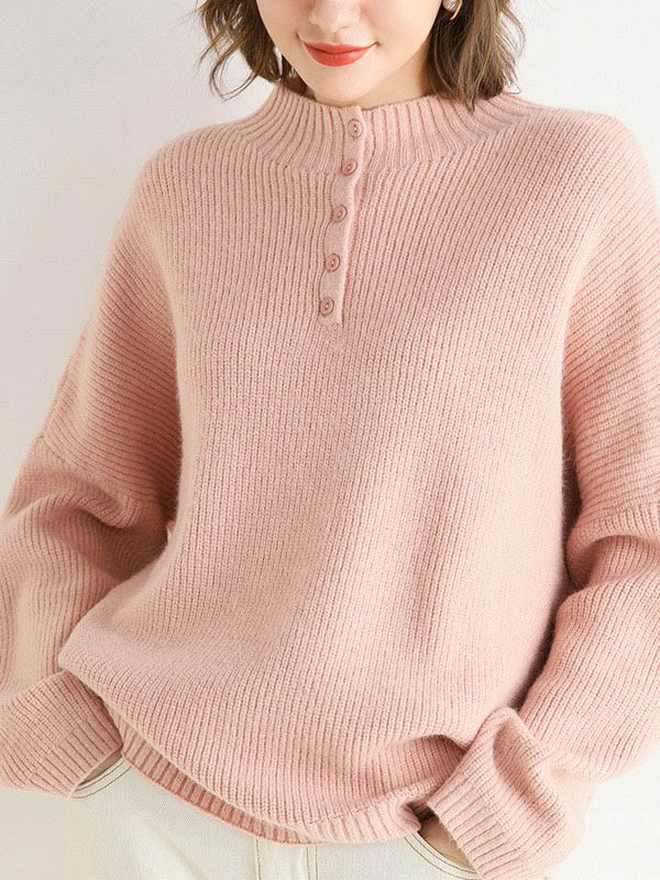 Pink Stand Collar Knit Sweaters With Buttons