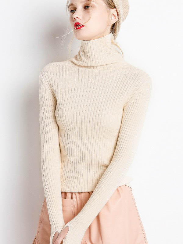 Beige Funnel Neck Base Medium Knitted Sweaters