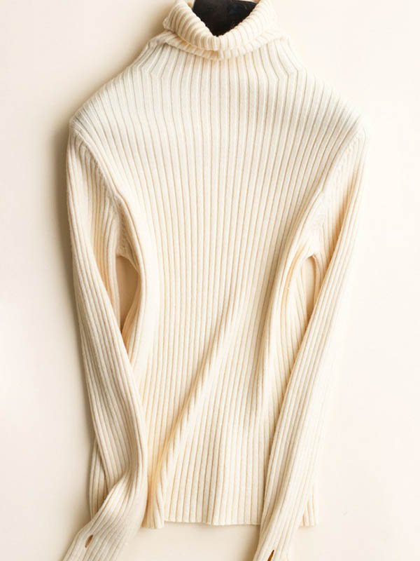 Beige Funnel Neck Base Medium Knitted Sweaters