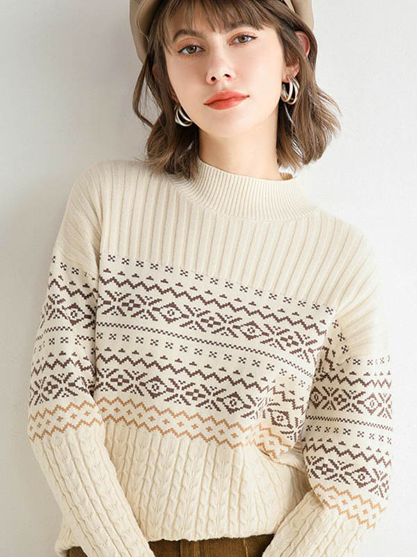 Apricot Stand Collar Geometry Pattern Knit Sweaters