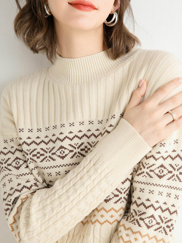 Apricot Stand Collar Geometry Pattern Knit Sweaters