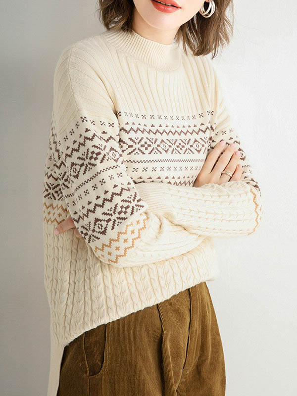 Apricot Stand Collar Geometry Pattern Knit Sweaters