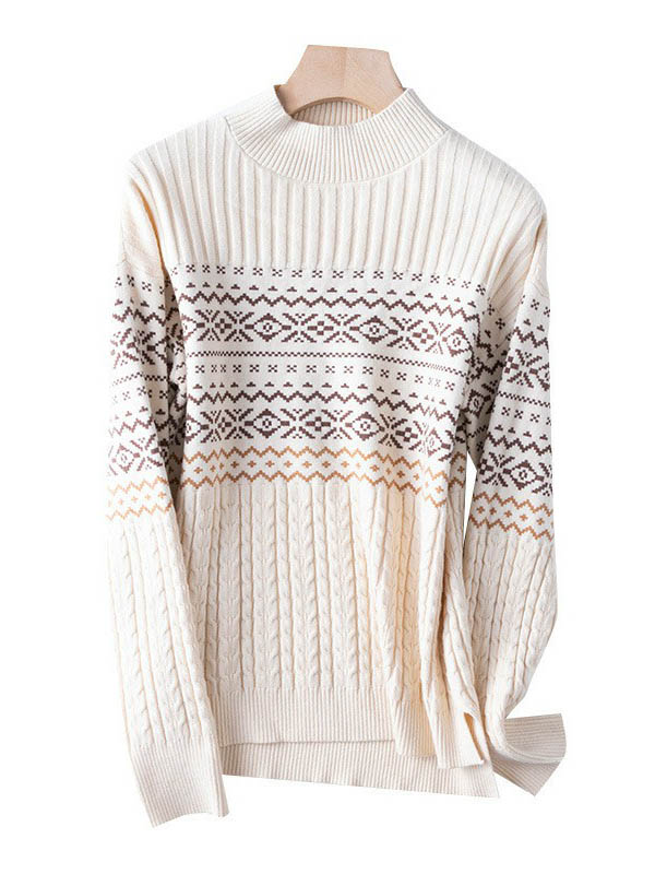 Apricot Stand Collar Geometry Pattern Knit Sweaters