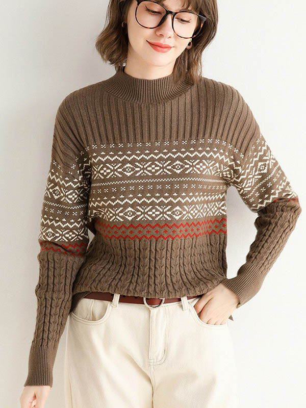 Camel Stand Collar Geometry Pattern Knit Sweaters