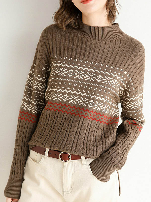 Camel Stand Collar Geometry Pattern Knit Sweaters