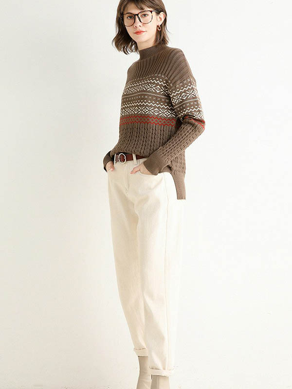 Camel Stand Collar Geometry Pattern Knit Sweaters