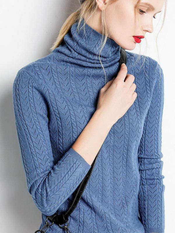 Blue Funnel Neck Hollow Elements Knit Sweaters