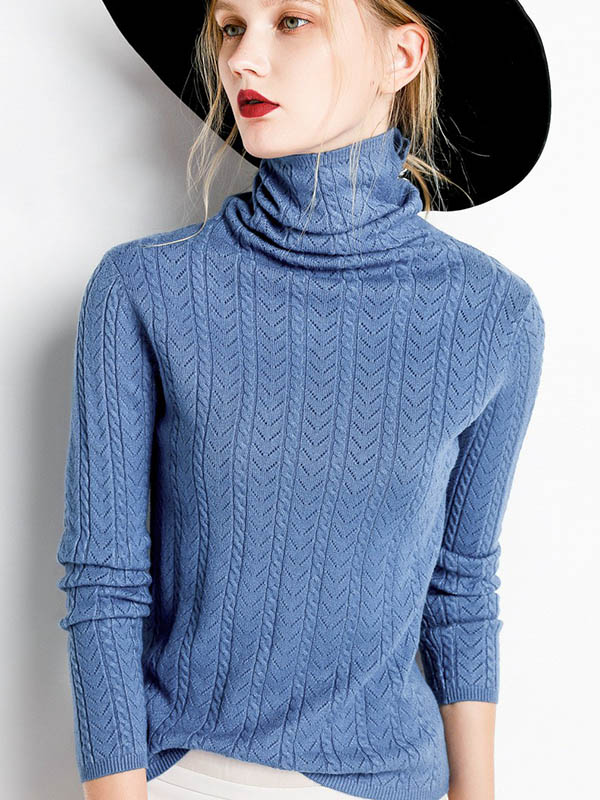 Blue Funnel Neck Hollow Elements Knit Sweaters