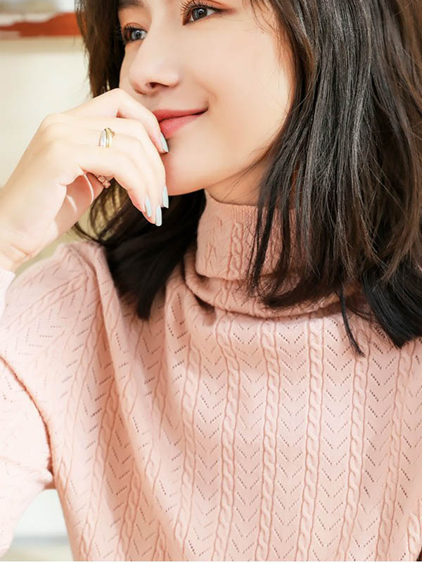 Pink Funnel Neck Hollow Elements Knit Sweaters