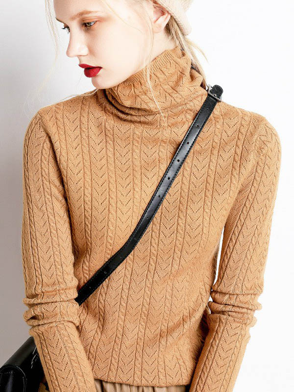 Camel Funnel Neck Hollow Elements Knit Sweaters