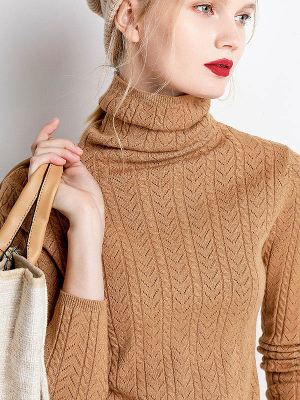 Camel Funnel Neck Hollow Elements Knit Sweaters