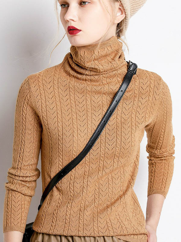 Camel Funnel Neck Hollow Elements Knit Sweaters