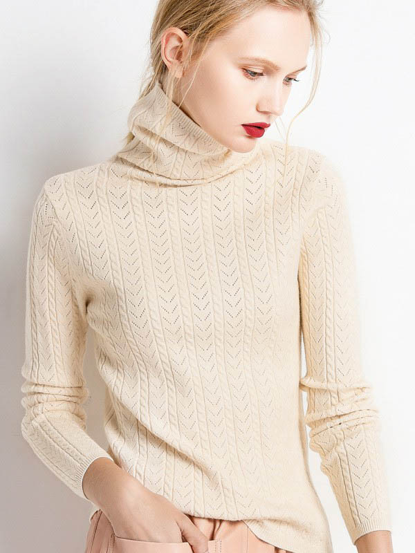 Beige Funnel Neck Hollow Elements Knit Sweaters