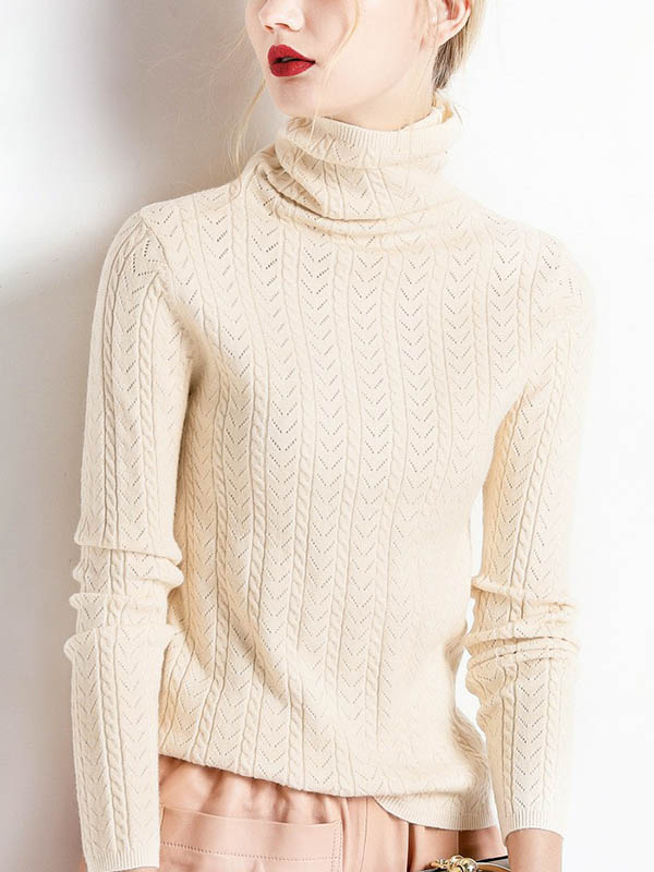 Beige Funnel Neck Hollow Elements Knit Sweaters