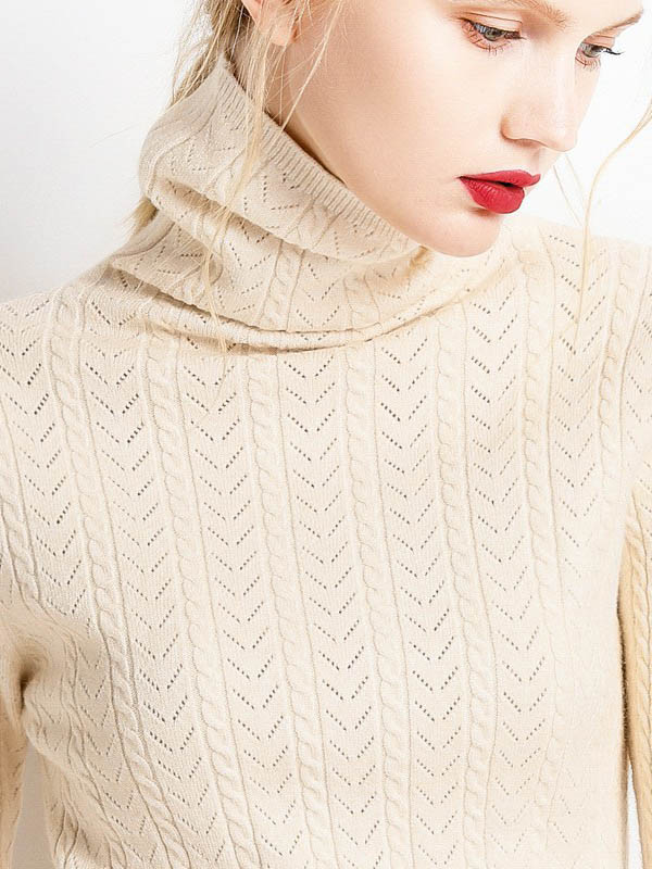 Beige Funnel Neck Hollow Elements Knit Sweaters