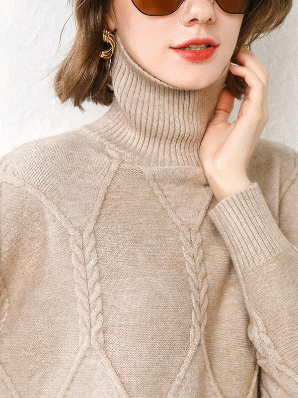 Camel Split Elements Oversize Turtleneck Knit Sweaters