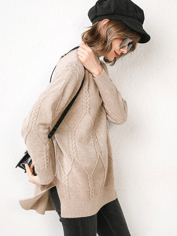 Camel Split Elements Oversize Turtleneck Knit Sweaters