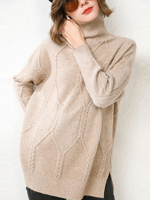 Camel Split Elements Oversize Turtleneck Knit Sweaters