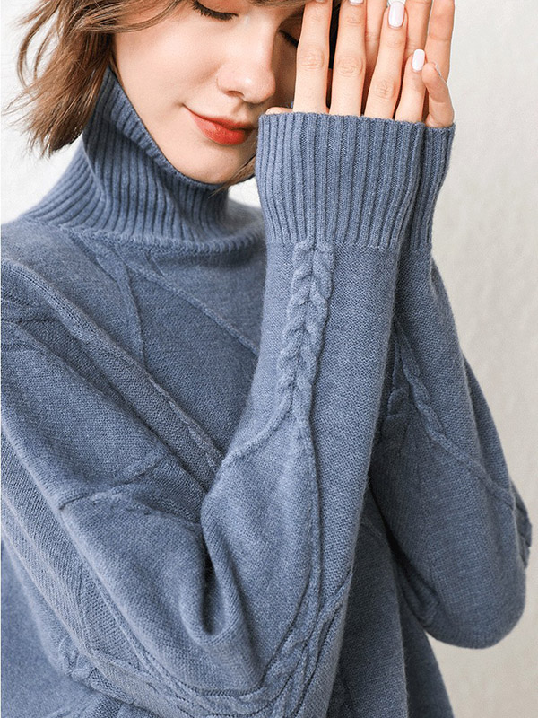 Blue Split Elements Oversize Turtleneck Knit Sweaters