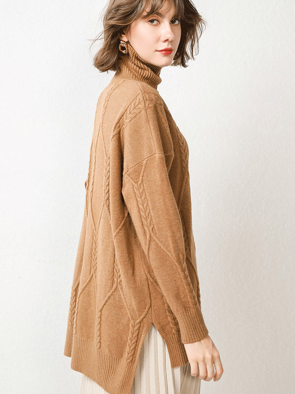 Brown Split Elements Oversize Turtleneck Knit Sweaters