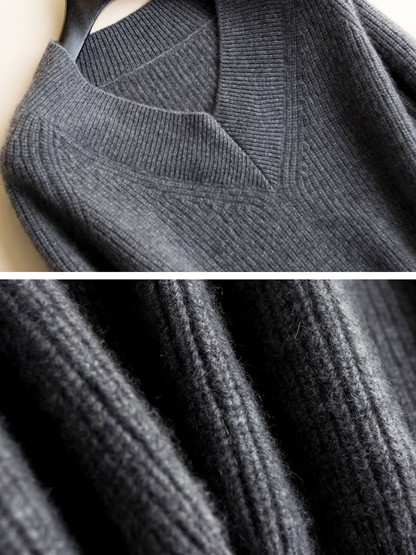 Grey V-neck Slim Fine Knitted Sweaters